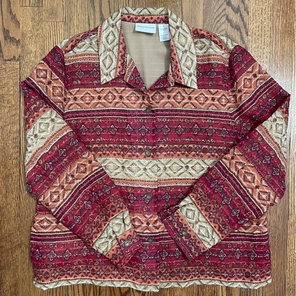 Alfred Dunner Lightweight Jacket Blouse Button Red Orange Fall Size 16